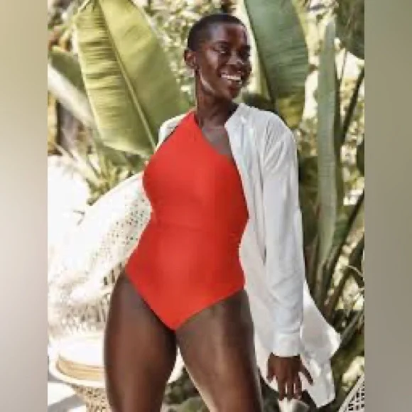 HILOR ORANGE RED SALMON PEACH MONOKINI ONE PIECE ONE SHOULDER BATHING SUITS - Picture 8 of 8